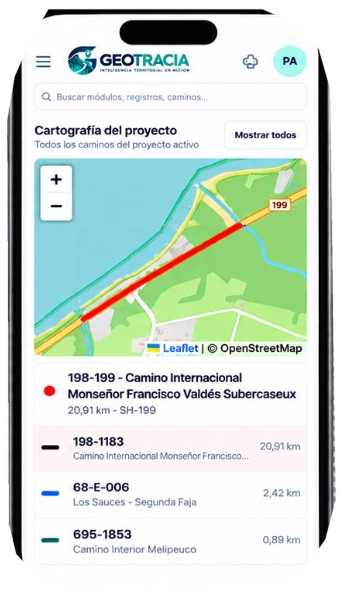 Dispositivo móvil con cartografía de proyectos y caminos