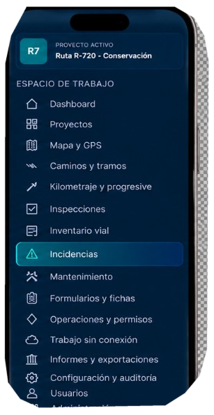 Dispositivo móvil con menú de módulos de GEOTRACIA