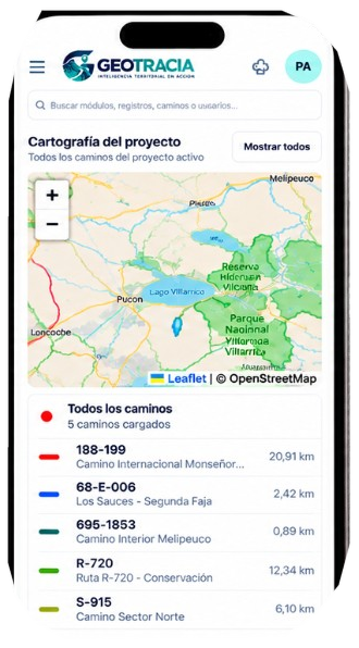 Dispositivo móvil con vista territorial y lista de caminos